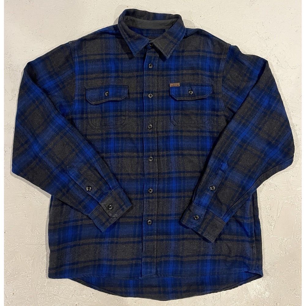 Orvis Shirt Mens L Blue Gray Big Bear Heavy Double Brushed Flannel Button Up